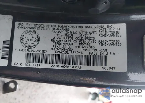 2010 Toyota Tacoma V6 из США, поврежденный, VIN 5TEMU4FN1AZ710123